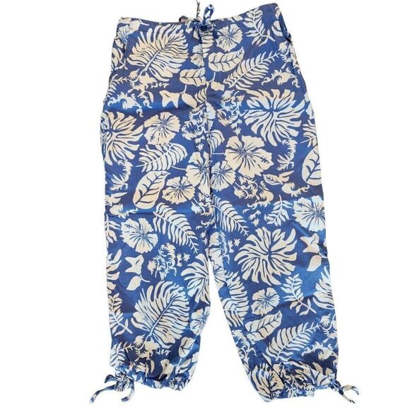 Catalina Tropical Summer Capri Blue White Pants Size M Cotton Hawaiian Print - Picture 1 of 3